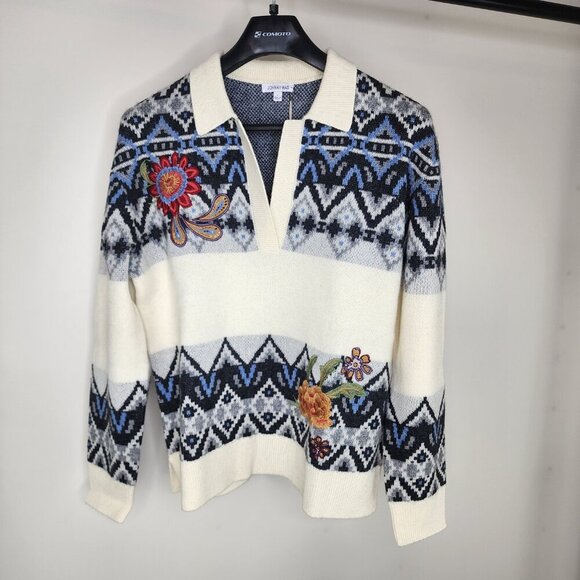 NWT Johnny Was The Fairisle Polo Sweater Wool/Cashmere Ecru Large - Picture 7 of 13